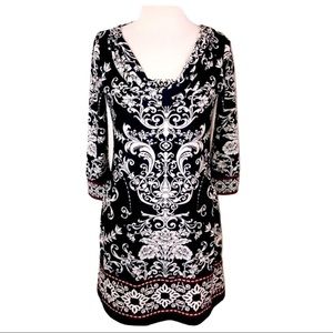 WHBM Black Printed 3/4 Sleeve Cowl Neck Mini Dress